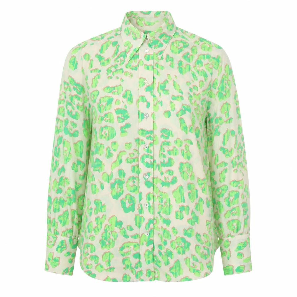 Front view of Marks & Spencer women’s green animal print polyester basic button-up, size UK 10, collared - leopard print