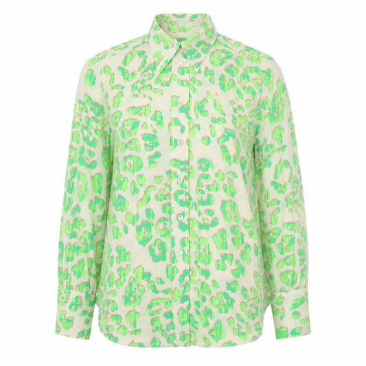 Front view of Marks & Spencer women’s green animal print polyester basic button-up, size UK 10, collared - leopard print