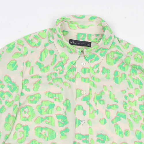 Marks and Spencer Womens Green Animal Print Polyester Basic Button-Up Size 10 Collared - Leopard Print
