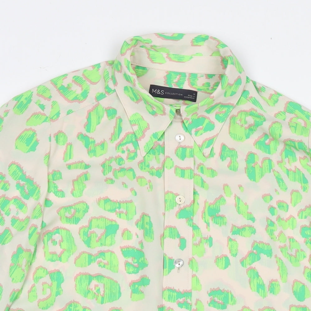 Marks and Spencer Womens Green Animal Print Polyester Basic Button-Up Size 10 Collared - Leopard Print
