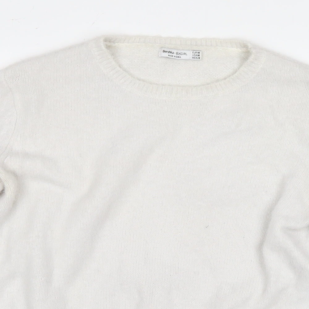 Bershka Womens White Round Neck Polyester Pullover Jumper Size M