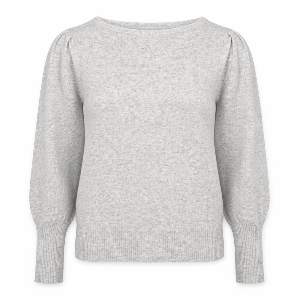 Front view of Marks & Spencer women’s grey round neck viscose jumper, size UK 12