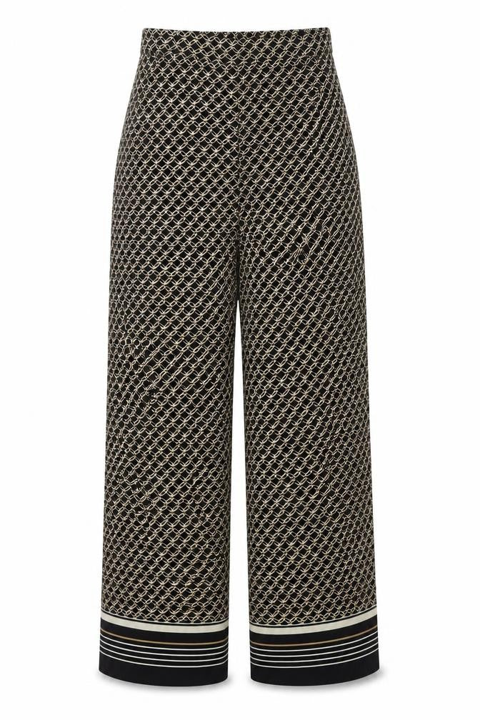 Front view of H&M women’s black geometric polyester trousers, size UK 8, 29-inch leg regular