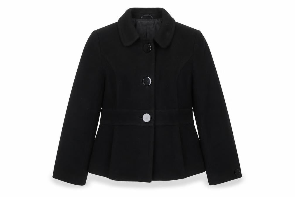Front view of Marks & Spencer women’s black pea coat coat, size UK 14, button
