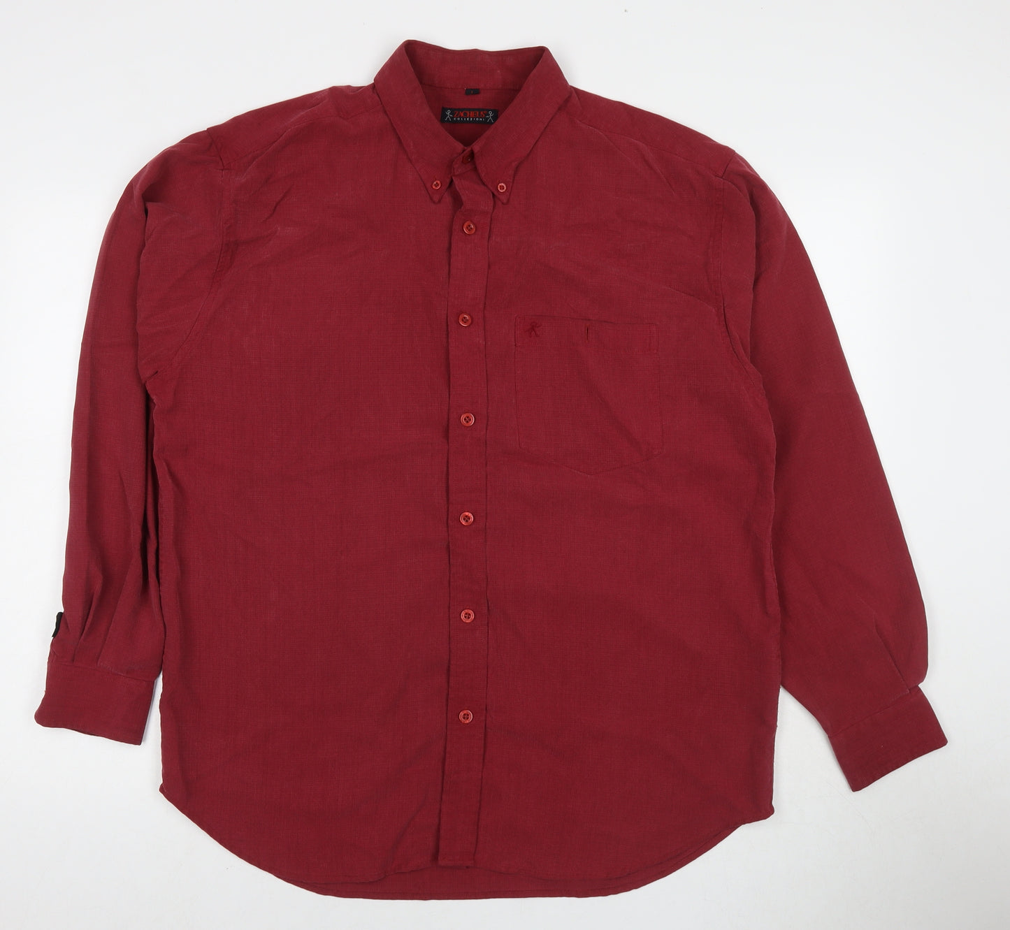 Zacheus Mens Red Polyamide Button-Up Size L Collared Button