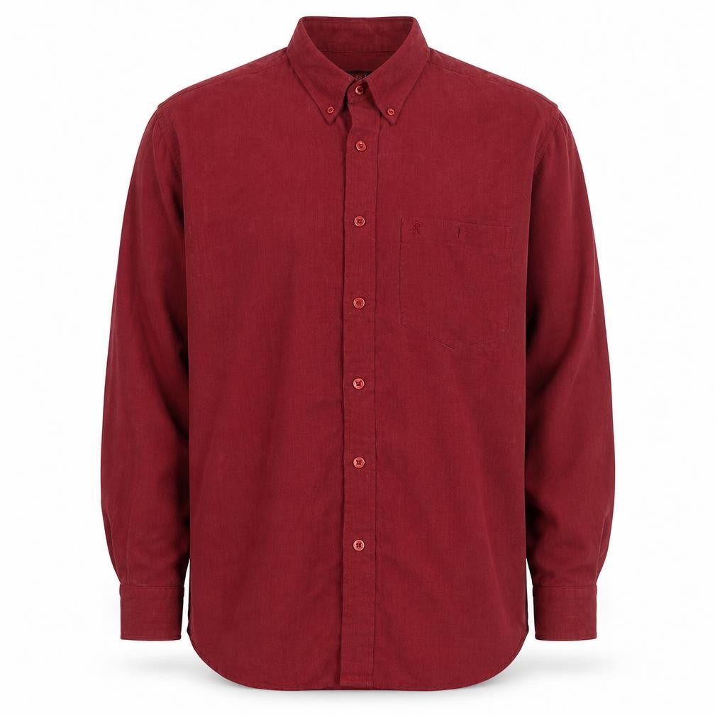 Front view of Zacheus men’s red polyamide button-up, size L, collared button