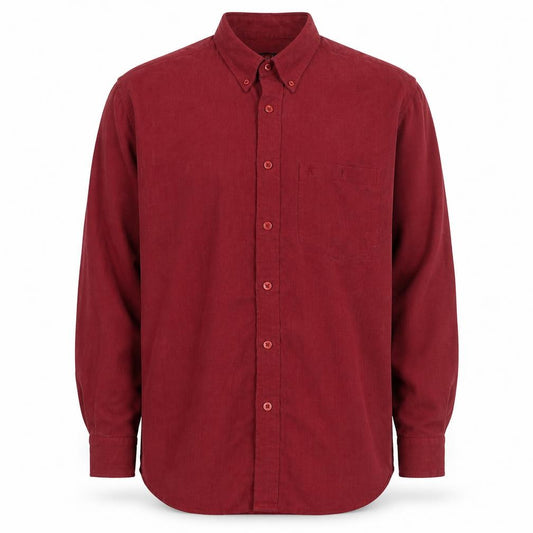 Front view of Zacheus men’s red polyamide button-up, size L, collared button