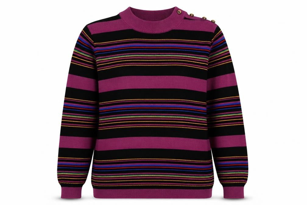 Front view of LUCIA women’s purple v-neck striped polyester jumper, size UK 14
