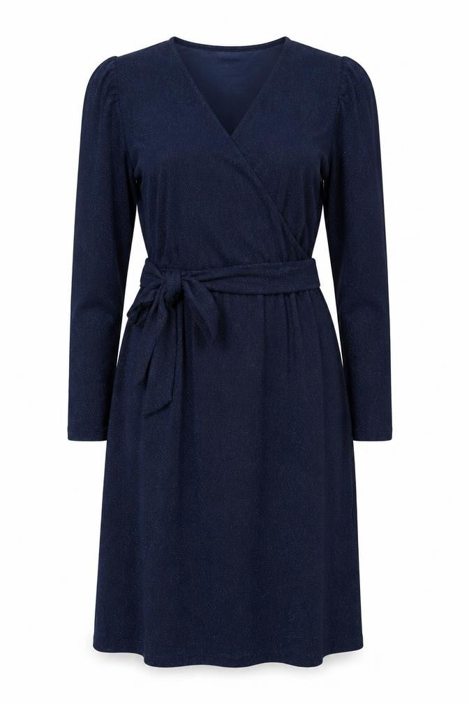 Front view of Marks & Spencer women’s blue viscose a-line, size UK 8, v-neck pullover - glitter detail