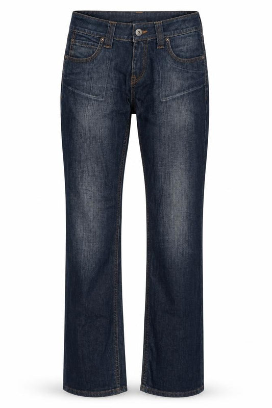 Front view of IRIS women’s blue cotton straight jeans, size UK 28, 32-inch leg regular zip