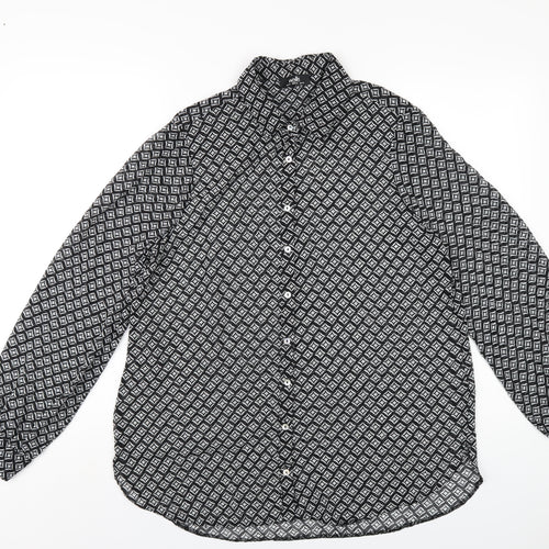 Wallis Womens Black Geometric Polyester Basic Button-Up Size 14 Collared
