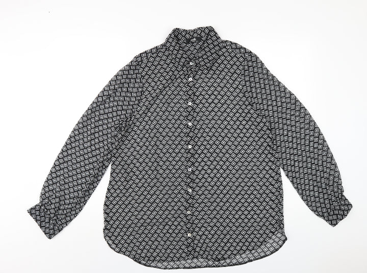 Wallis Womens Black Geometric Polyester Basic Button-Up Size 14 Collared