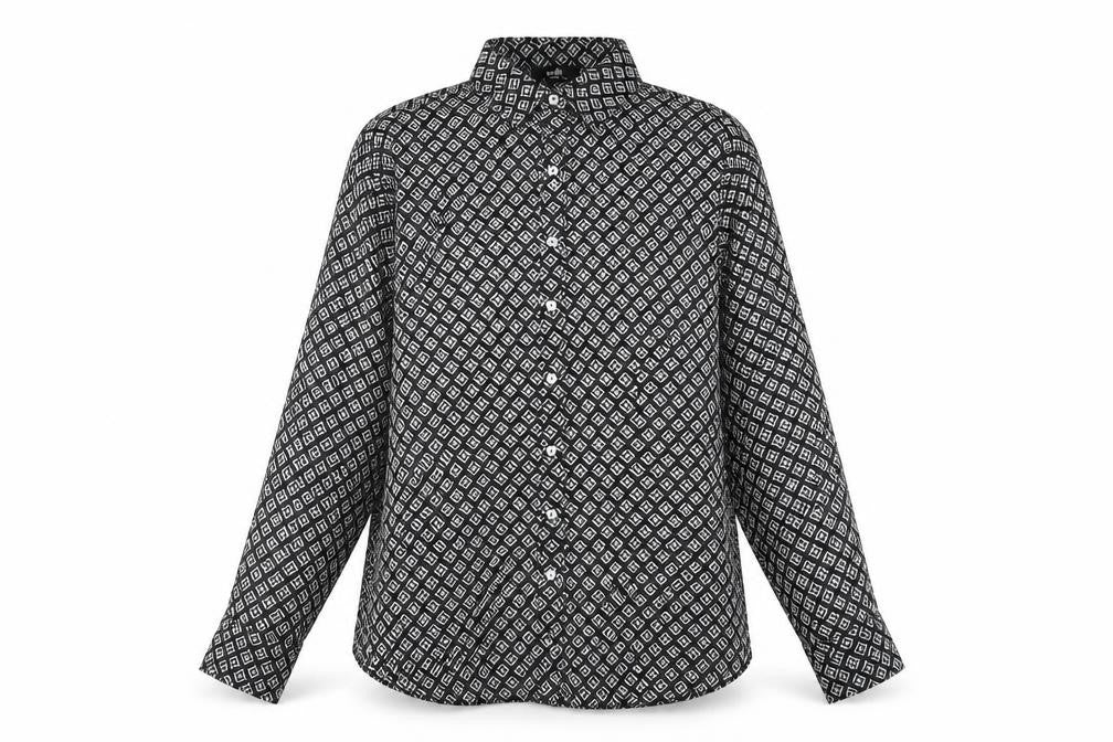Front view of Wallis women’s black geometric polyester basic button-up, size UK 14, collared