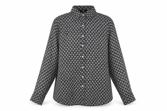 Front view of Wallis women’s black geometric polyester basic button-up, size UK 14, collared