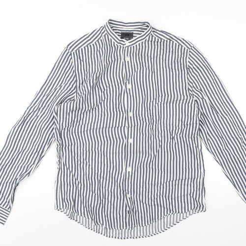 H&M Mens Blue Striped Viscose Button-Up Size M Round Neck Button