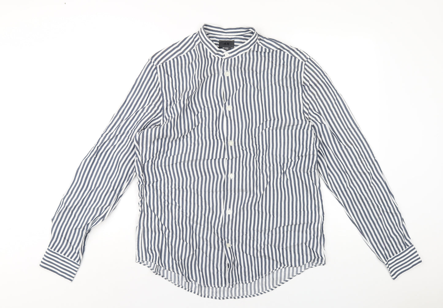 H&M Mens Blue Striped Viscose Button-Up Size M Round Neck Button