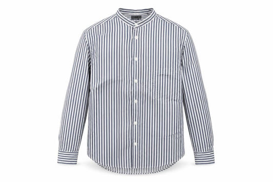 Front view of H&M men’s blue striped viscose button-up, size M, round neck button