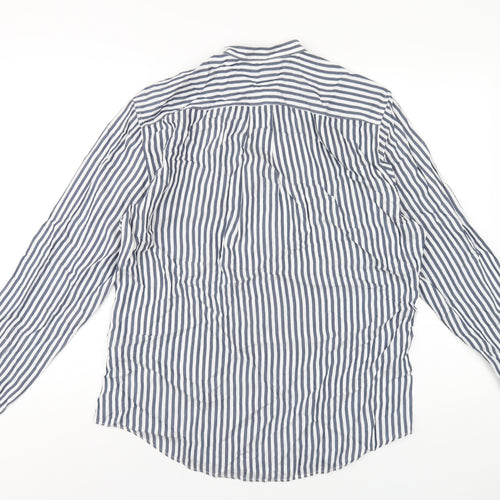 H&M Mens Blue Striped Viscose Button-Up Size M Round Neck Button