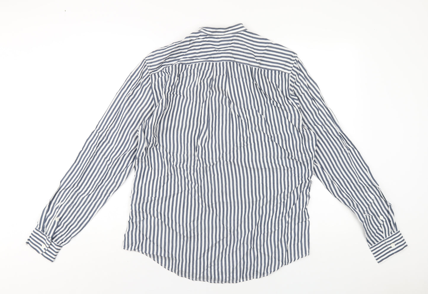 H&M Mens Blue Striped Viscose Button-Up Size M Round Neck Button