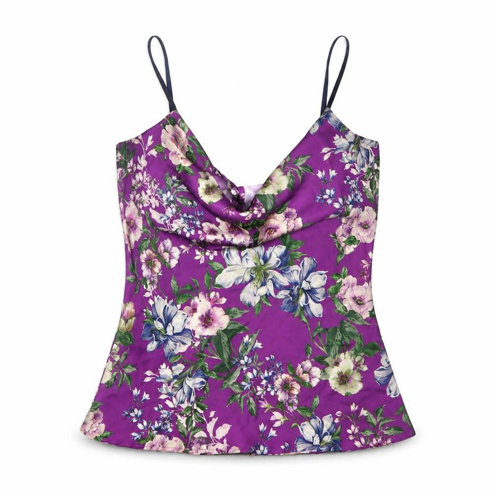 Zara Womens Purple Floral Polyester Camisole T-Shirt Size XS Cowl Neck