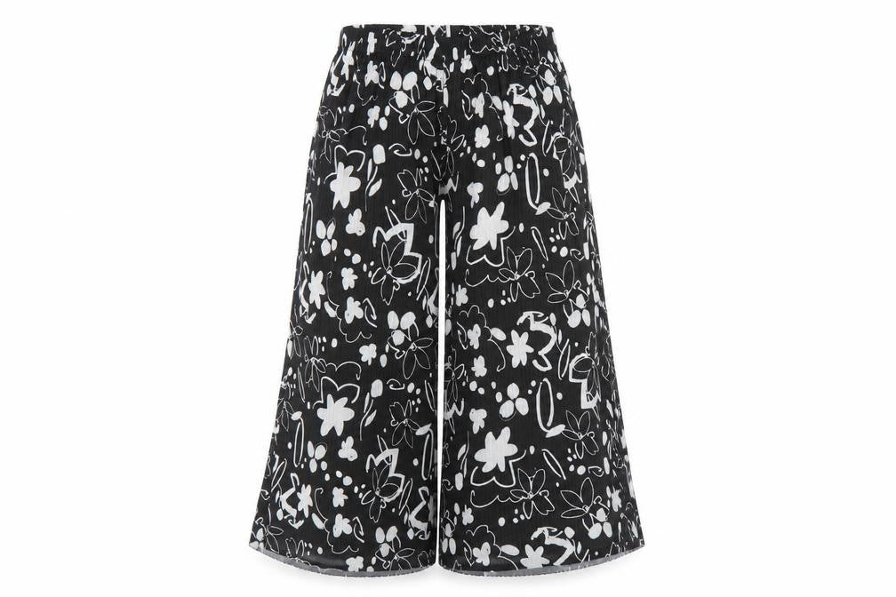 Front view of ASOS women’s black geometric polyester trousers, size UK 10, 22-inch leg regular