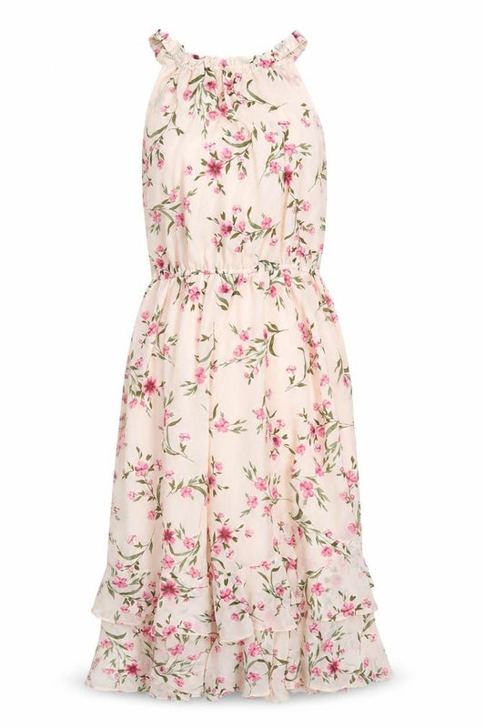Front view of Simply Be women’s pink floral polyester a-line, size UK 16, round neck tie