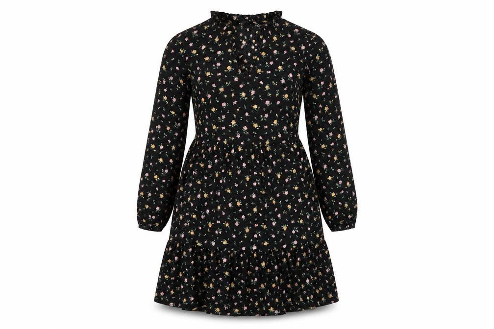 Front view of New Look women’s black floral polyester a-line, size UK 8, v-neck pullover
