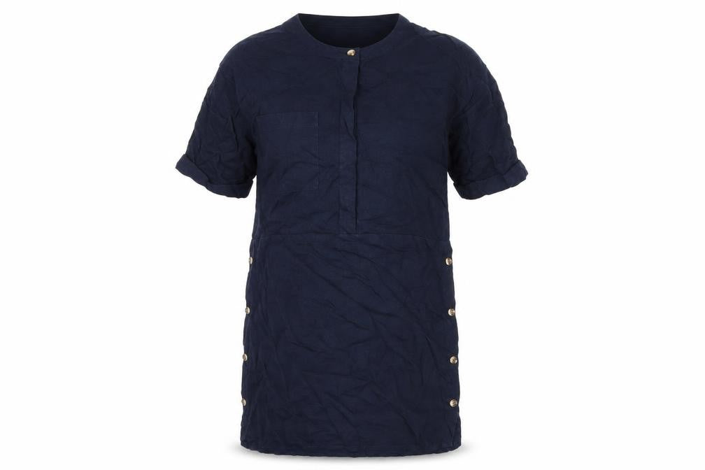 Front view of Warehouse women’s blue viscose a-line, size UK 12, round neck button