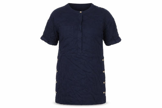 Front view of Warehouse women’s blue viscose a-line, size UK 12, round neck button