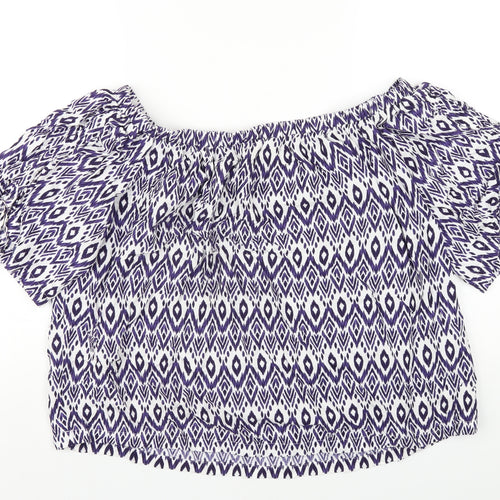 NEXT Womens Blue Geometric Viscose Basic T-Shirt Size 16 Off the Shoulder