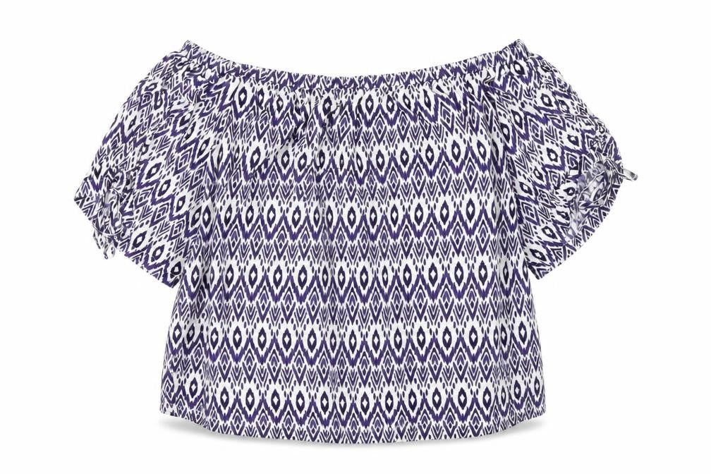 Front view of Next women’s blue geometric viscose basic t-shirt, size UK 16, off the shoulder
