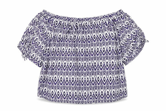 Front view of Next women’s blue geometric viscose basic t-shirt, size UK 16, off the shoulder
