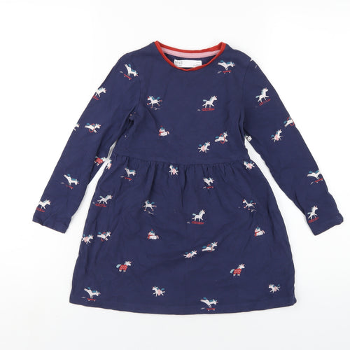 Marks and Spencer Girls Blue Geometric Cotton A-Line Size 5-6 Years Round Neck Pullover - Unicorns