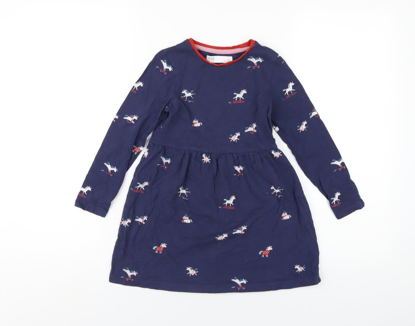 Marks and Spencer Girls Blue Geometric Cotton A-Line Size 5-6 Years Round Neck Pullover - Unicorns