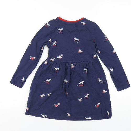 Marks and Spencer Girls Blue Geometric Cotton A-Line Size 5-6 Years Round Neck Pullover - Unicorns