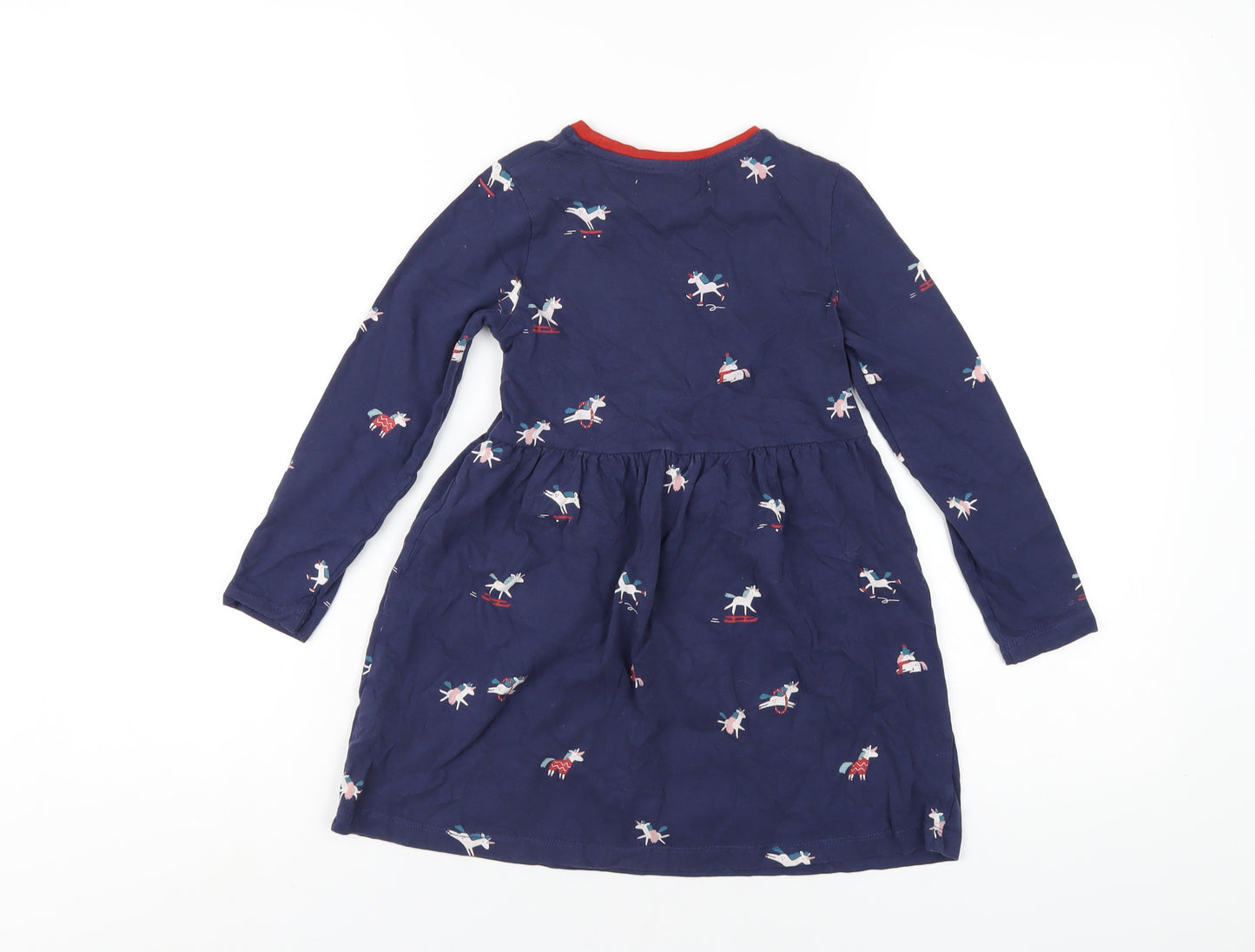 Marks and Spencer Girls Blue Geometric Cotton A-Line Size 5-6 Years Round Neck Pullover - Unicorns