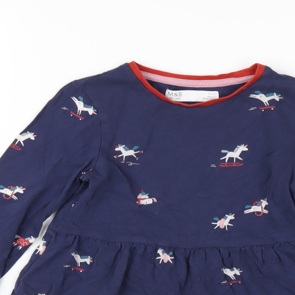 Marks and Spencer Girls Blue Geometric Cotton A-Line Size 5-6 Years Round Neck Pullover - Unicorns