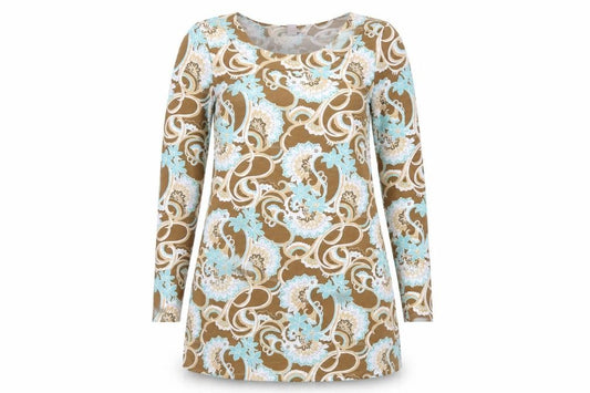 Front view of H&M women’s multicoloured geometric polyester a-line, size UK 12, round neck pullover