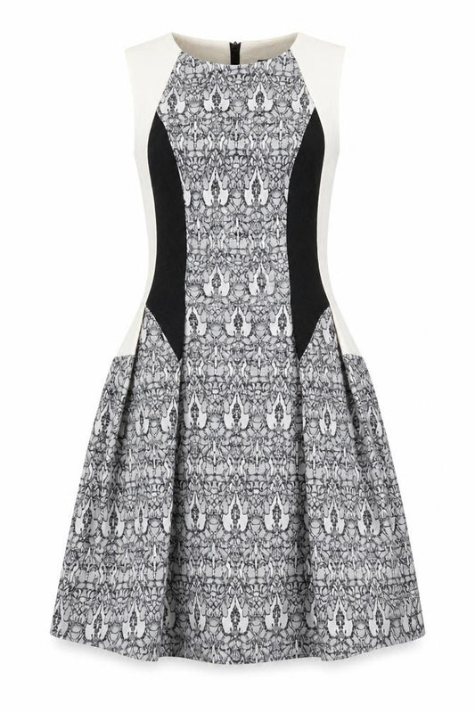 Front view of Definitions women’s grey geometric polyester a-line, size UK 10, round neck zip