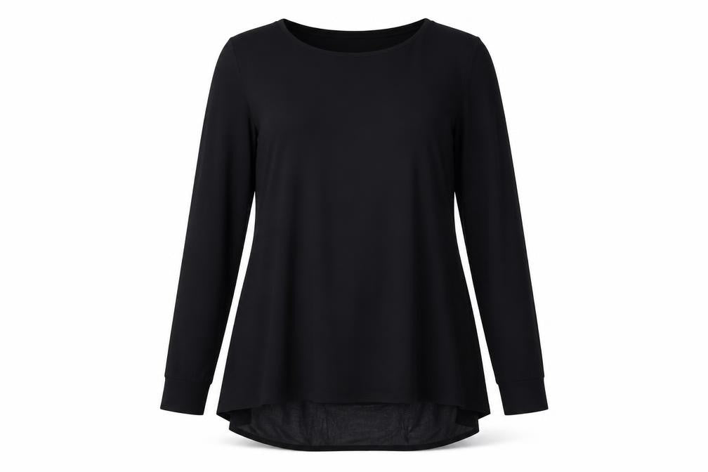 Front view of Nina Leonard women’s black polyester basic t-shirt, size S, round neck