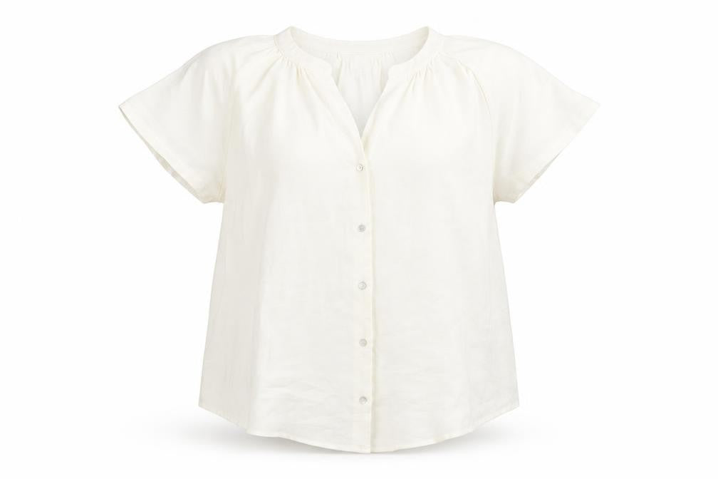 Front view of H&M women’s ivory polyester basic blouse, size UK 8, v-neck