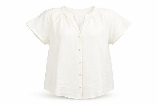 Front view of H&M women’s ivory polyester basic blouse, size UK 8, v-neck