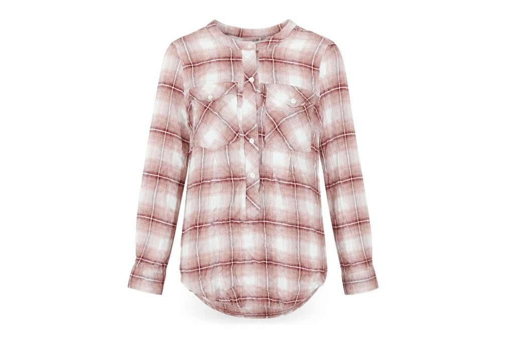 Front view of Next women’s red plaid viscose basic button-up, size UK 8, round neck