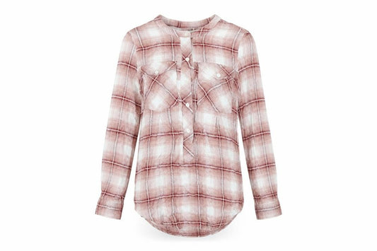 Front view of Next women’s red plaid viscose basic button-up, size UK 8, round neck