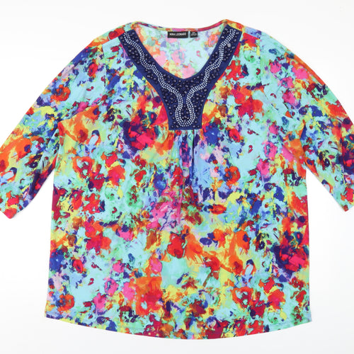 Nina Leonard Womens Multicoloured Polyester Basic T-Shirt Size 2XL V-Neck - Beaded Neckline