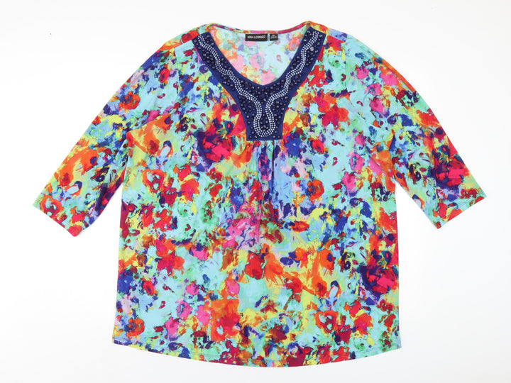 Nina Leonard Womens Multicoloured Polyester Basic T-Shirt Size 2XL V-Neck - Beaded Neckline