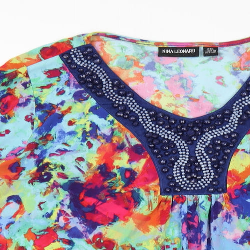 Nina Leonard Womens Multicoloured Polyester Basic T-Shirt Size 2XL V-Neck - Beaded Neckline