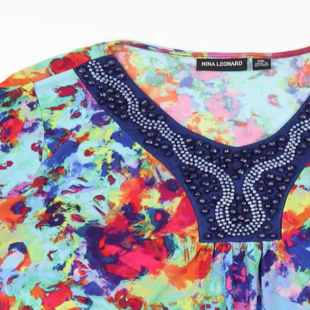 Nina Leonard Womens Multicoloured Polyester Basic T-Shirt Size 2XL V-Neck - Beaded Neckline