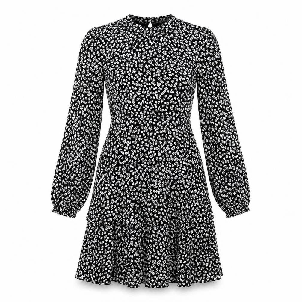 Front view of Warehouse women’s black geometric polyester a-line, size UK 10, round neck zip