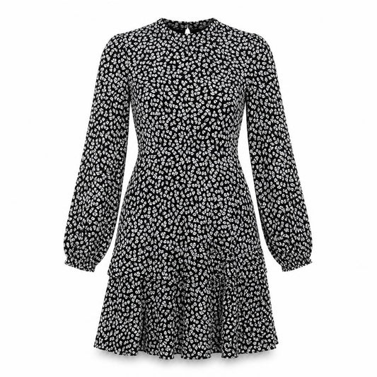 Front view of Warehouse women’s black geometric polyester a-line, size UK 10, round neck zip